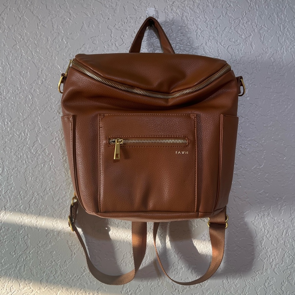 Fawn Design Leather Backpack in Cognac Brown with Gold Hardware